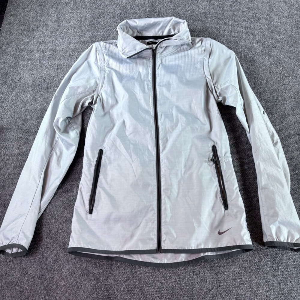 Nike Windbreaker Jacket Womens XS Silver Grey Full Zip Perforated Running Logo